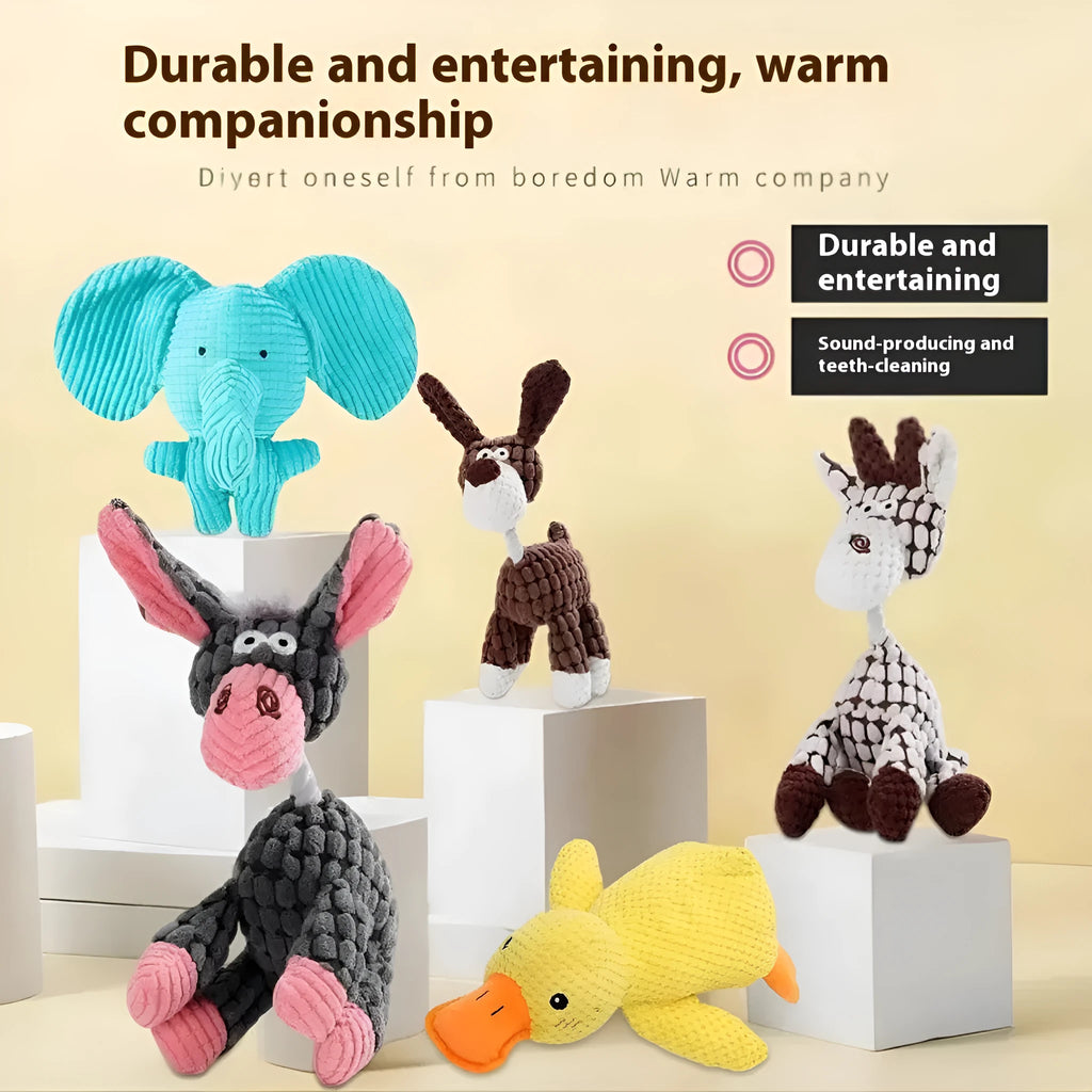 A selection of colourful plush pet toys including a rechargeable duck, a blue elephant, and a donkey.