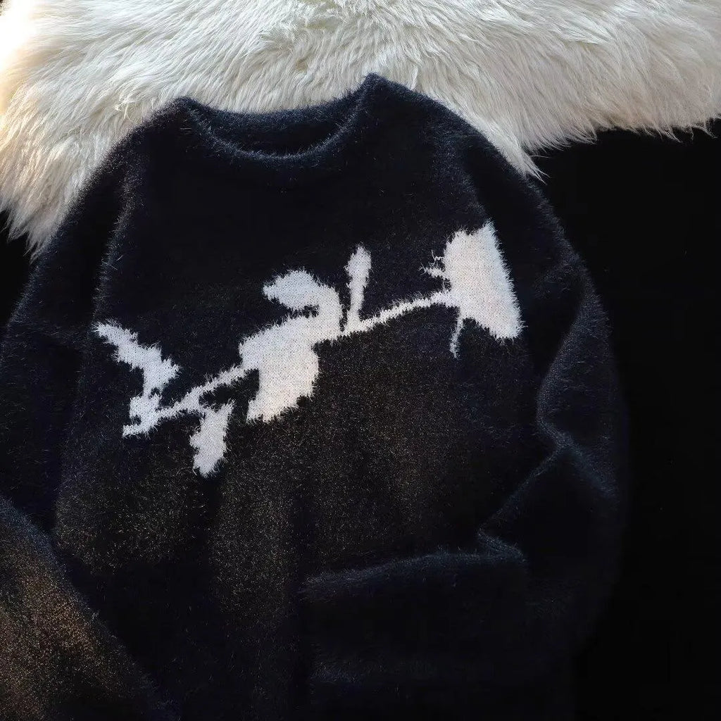 Men's dark rose flocking horse pattern pullover sweater in cotton-polyester fabric