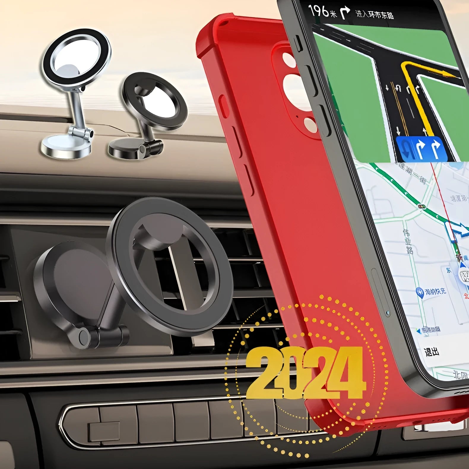 All-metal magnetic car phone mount with foldable arm in Qian colour on a car dashboard.