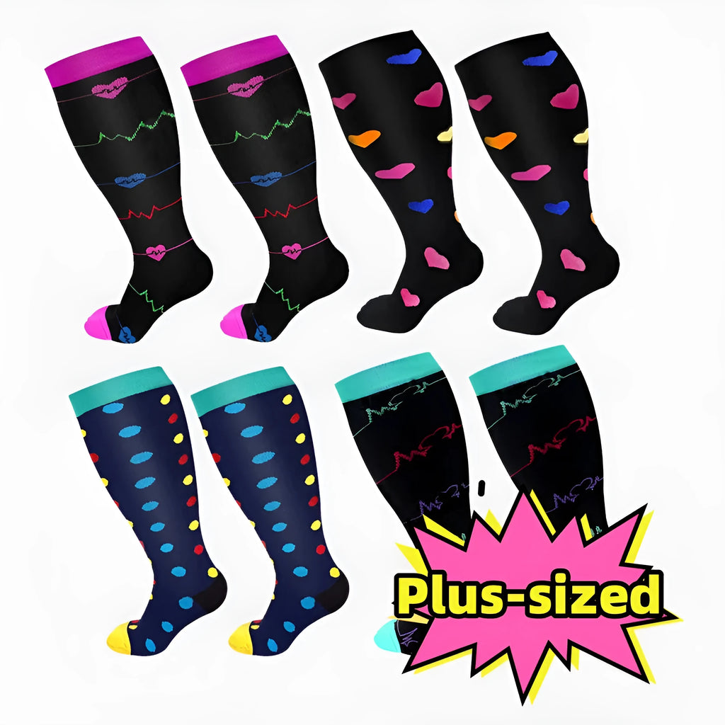 Plus size compression socks for extra wide calf in blue ECG pattern on white background
