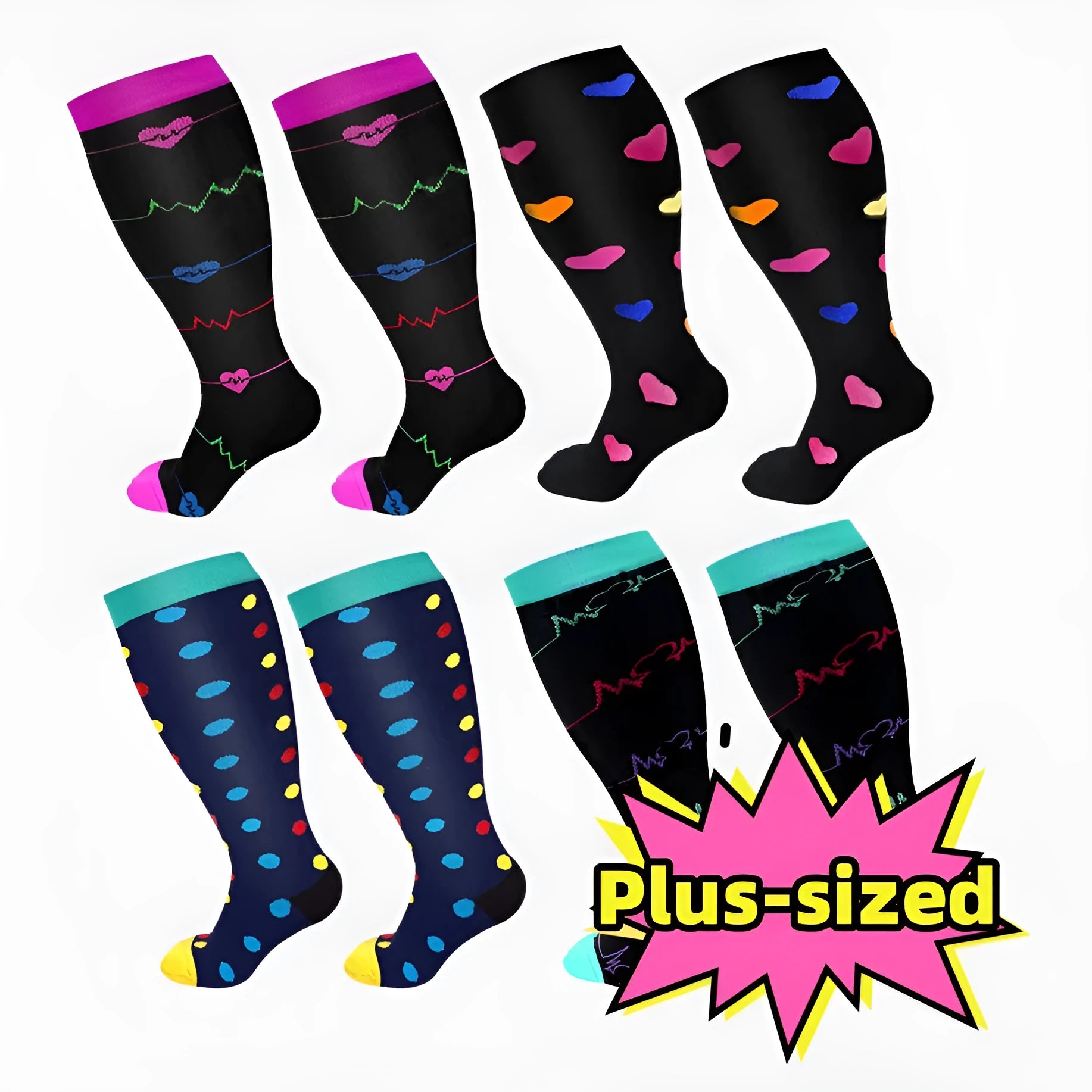 Plus size compression socks for extra wide calf in blue ECG pattern on white background