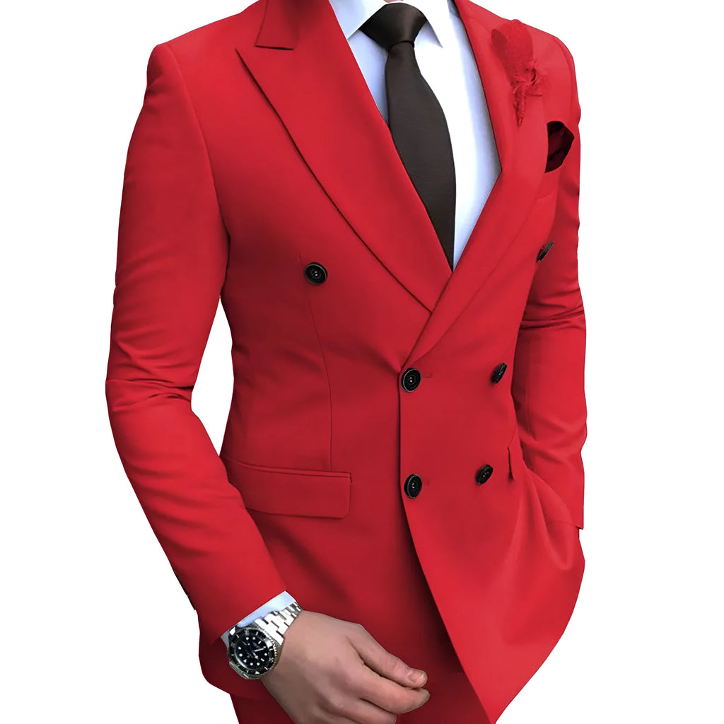 Double breasted slim-fit cotton wedding groomsman suit in black with flat lapel collar and back vent