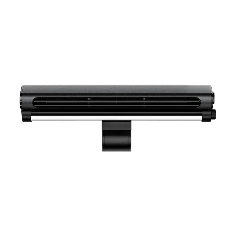 Black USB-powered bladeless fan with a screen clamp and integrated eye-protection lamp for computer desks.