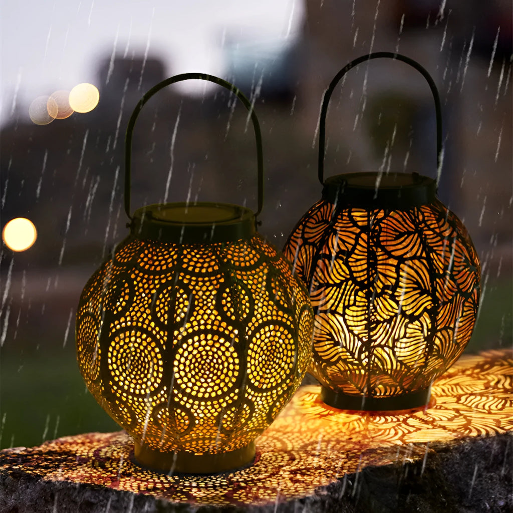 Solar powered outdoor courtyard lamp with decorative iron hollow design and integrated solar panel
