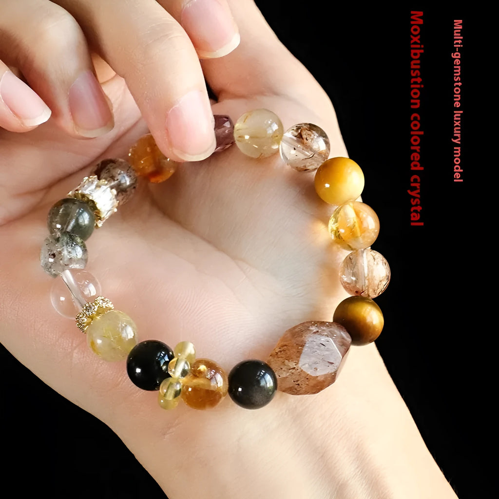 Adjustable black and gold crystal bead bracelet with natural multi-coloured stones on gold-finished settings