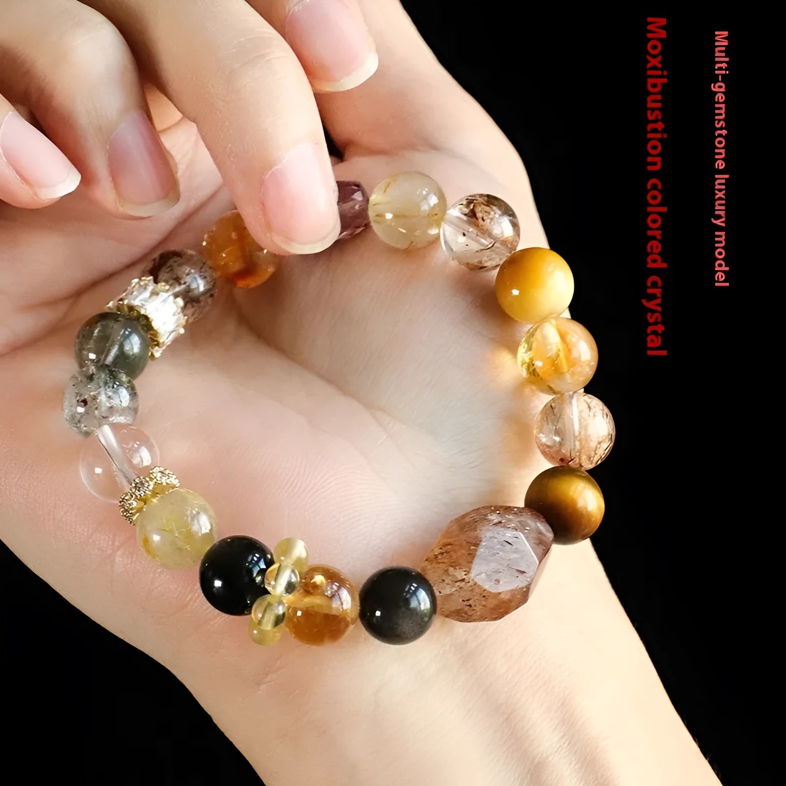 Adjustable black and gold crystal bead bracelet with natural multi-coloured stones on gold-finished settings
