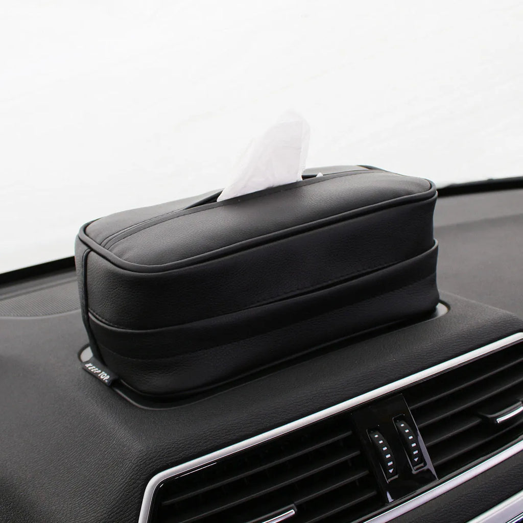 Black and beige PU leather car hanging storage box for organisation.
