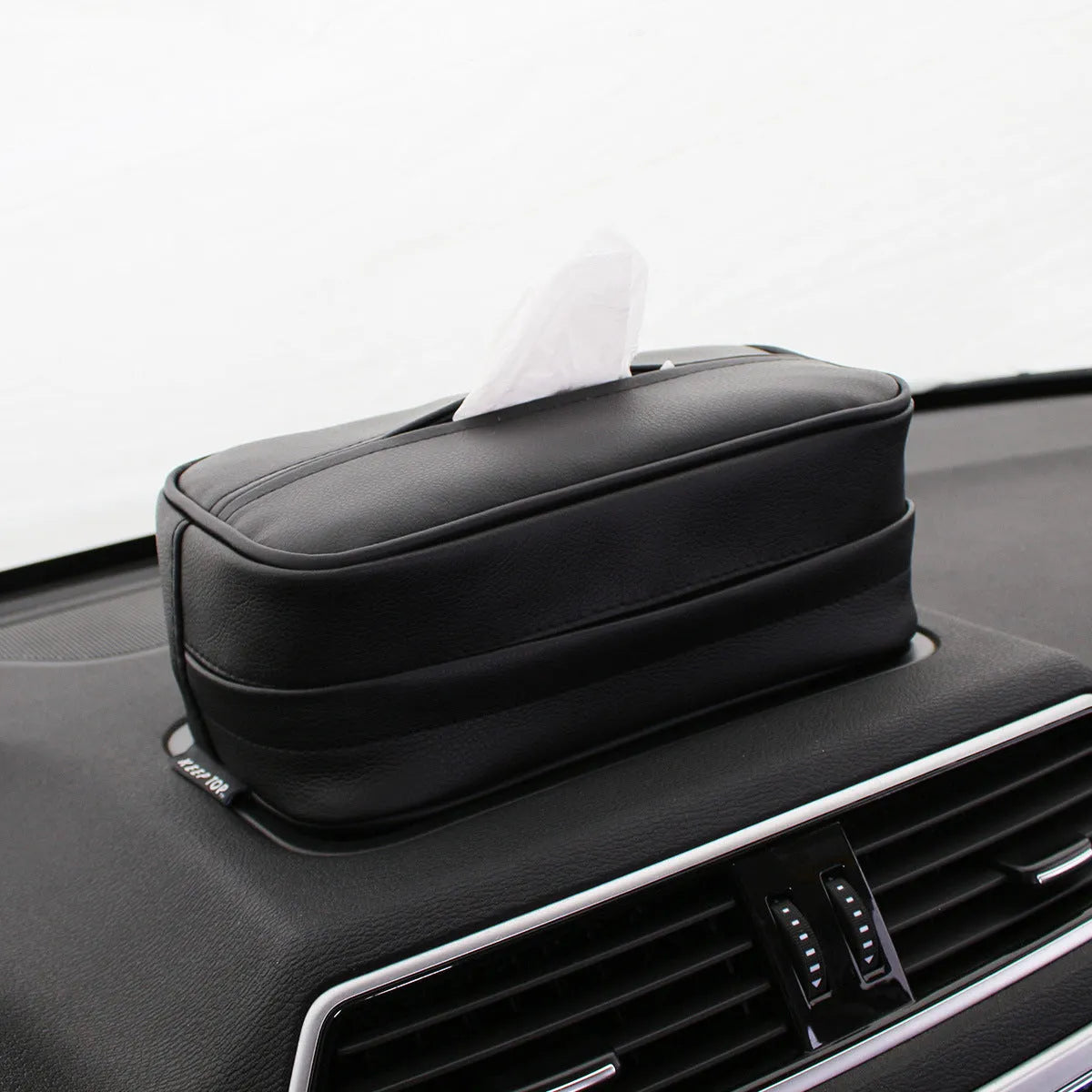 Black and beige PU leather car hanging storage box for organisation.