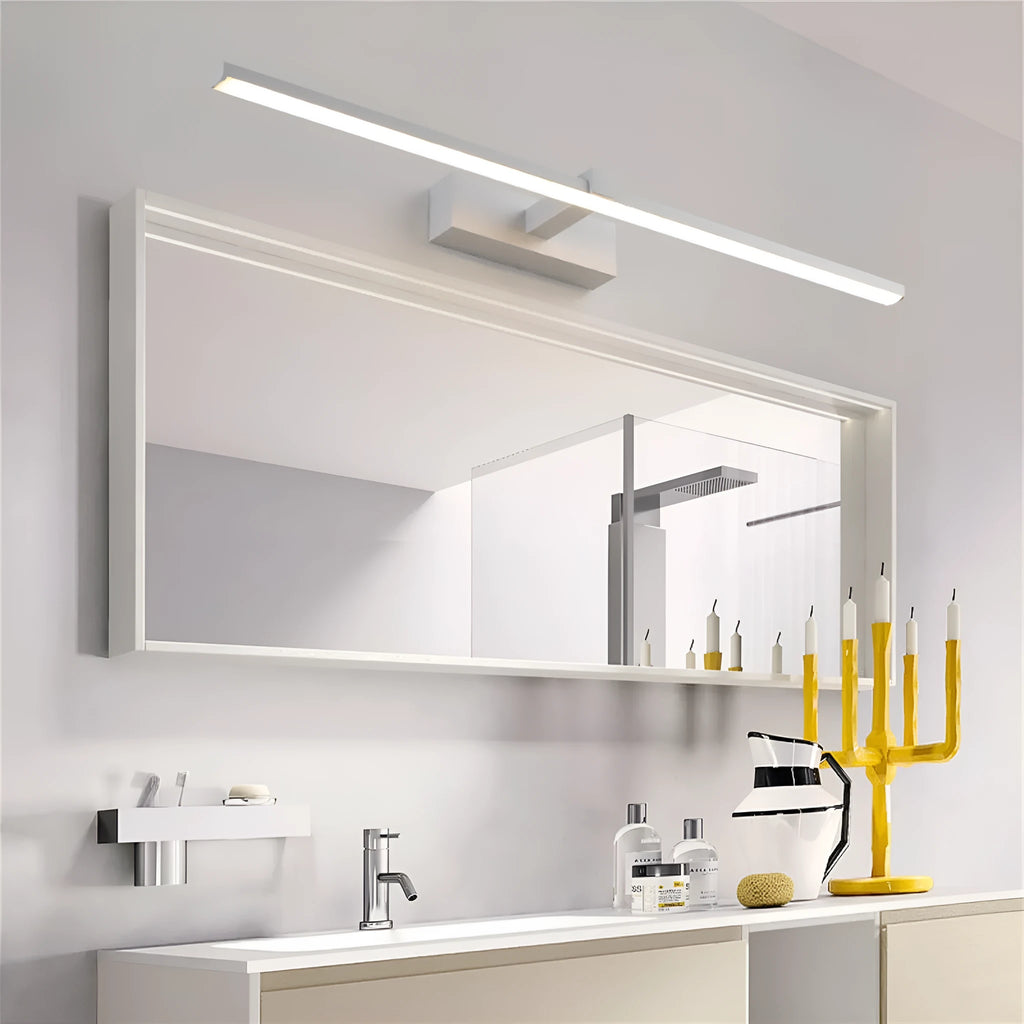 60x8cm black LED bathroom wall lamp with push button switch mounted above a vanity mirror