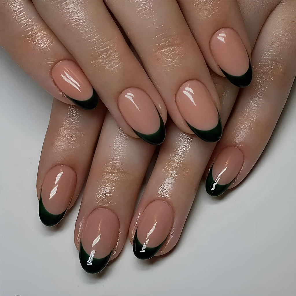 French manicure false nails black almond shape 24 piece set