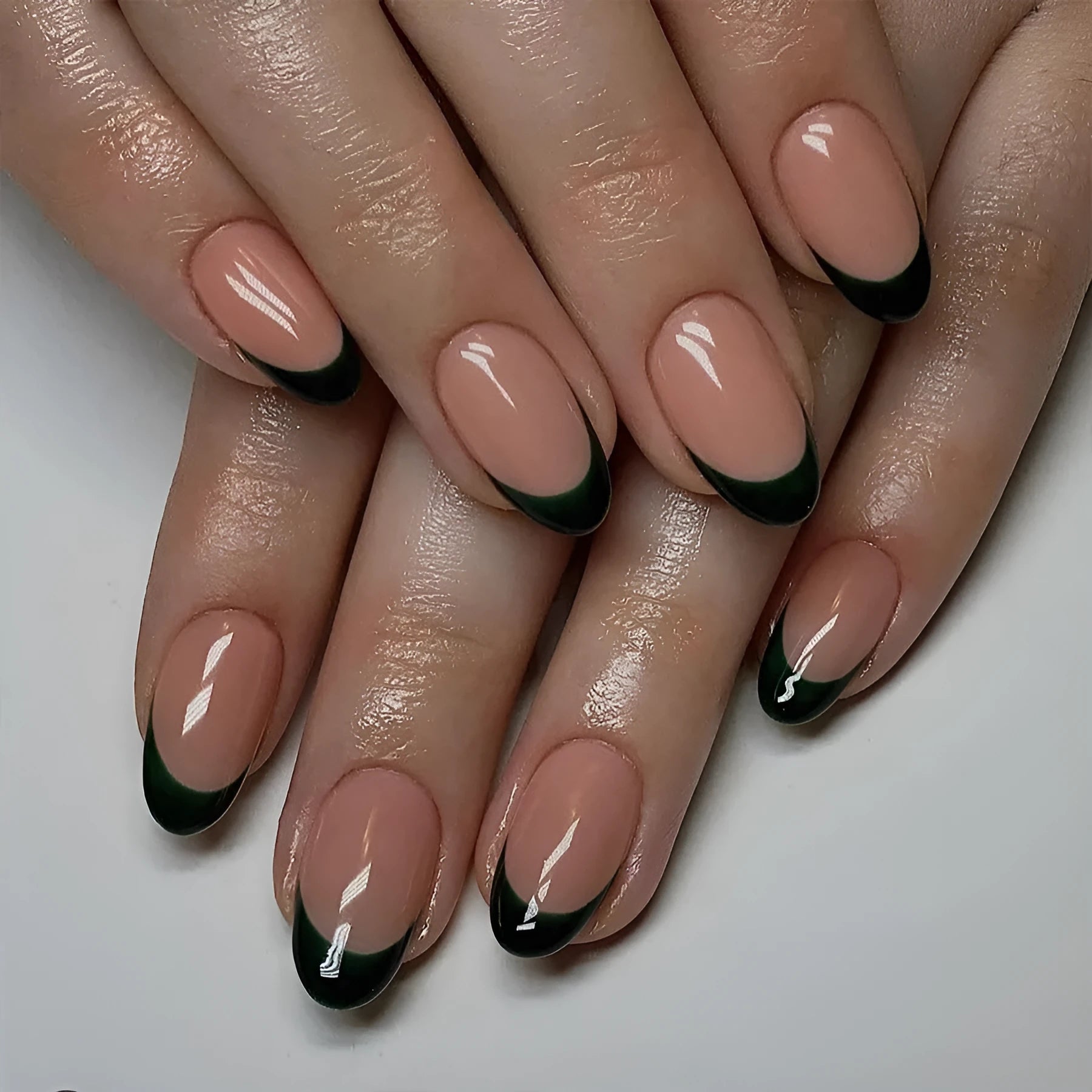 French manicure false nails black almond shape 24 piece set