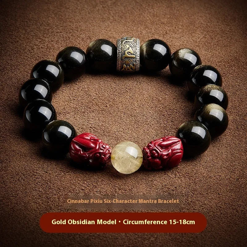 Hand-carved golden ox charm bracelet with beads in silver gift box