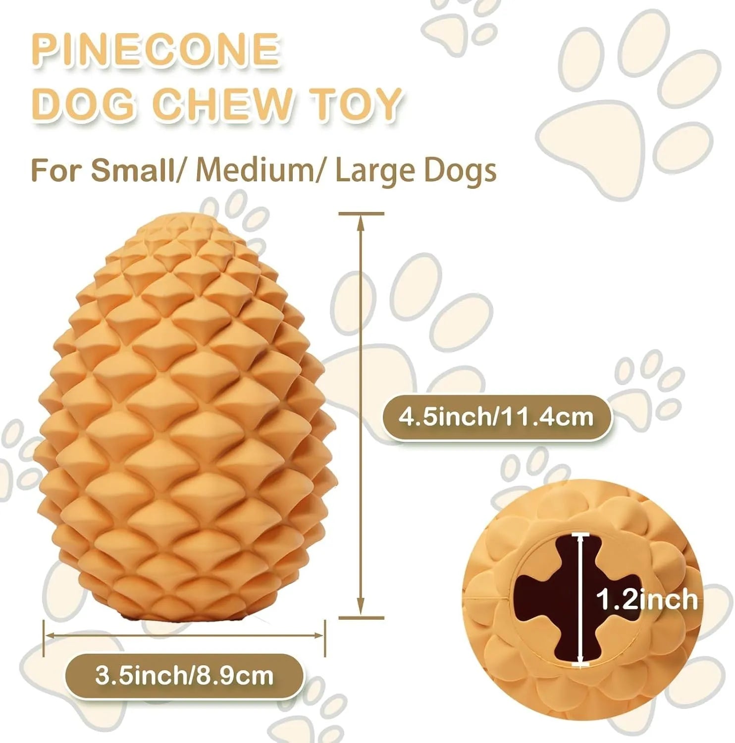 Yellow pine cone-shaped natural rubber dog chew toy with treat dispenser on a white background.