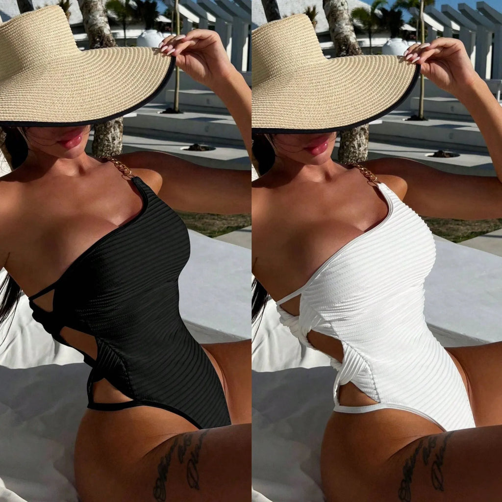 Women's solid colour one-piece swimsuit in beige or black for swimming and wading activities