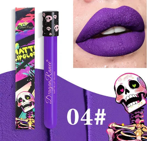 Halloween matte lip gloss in a test tube skull container showing gold and silver shades