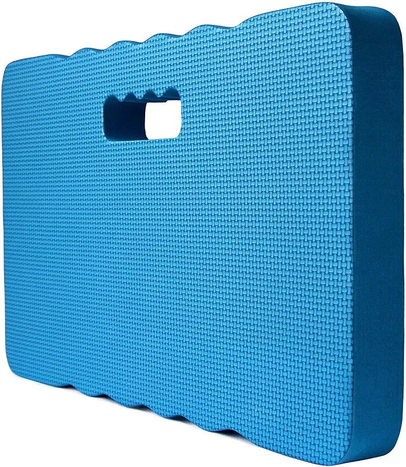 Blue EVA foam garden kneeler mat on grass, showing its 45cm length and 4cm thickness for kneeling comfort.