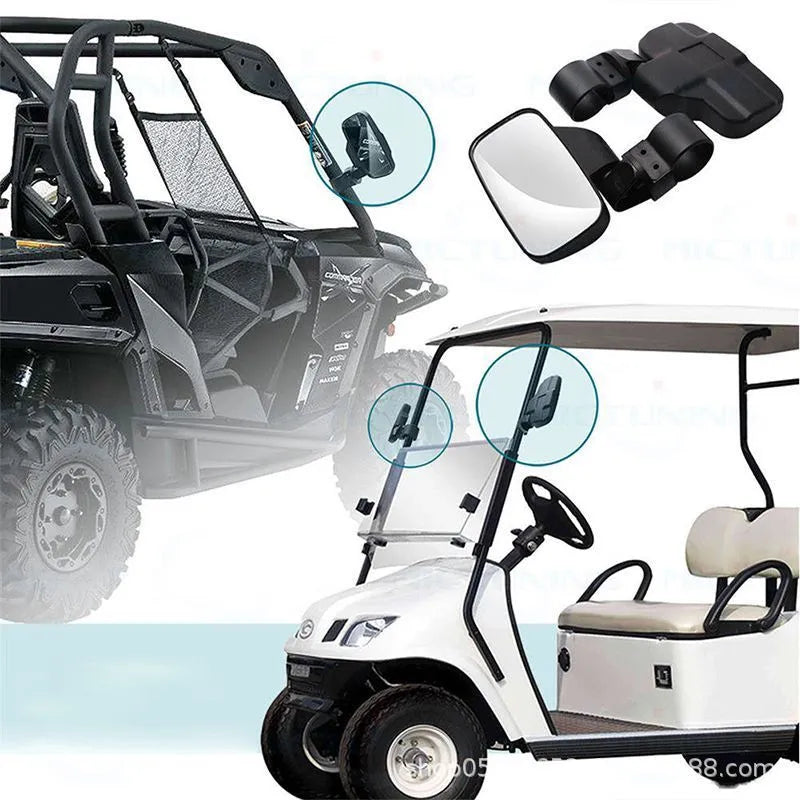 Black universal UTV off-road rearview mirror with plastic housing and glass reflective surface