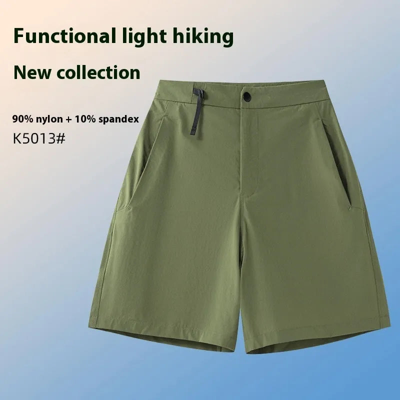 Men's solid colour sports shorts with a 3D cut, shown in army green, laid flat to show design.