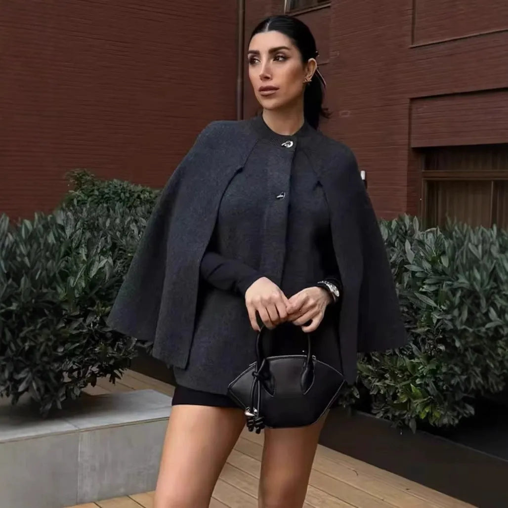 Cape round neck long sleeve knitted sweater coat in solid colour, front view, cardigan style