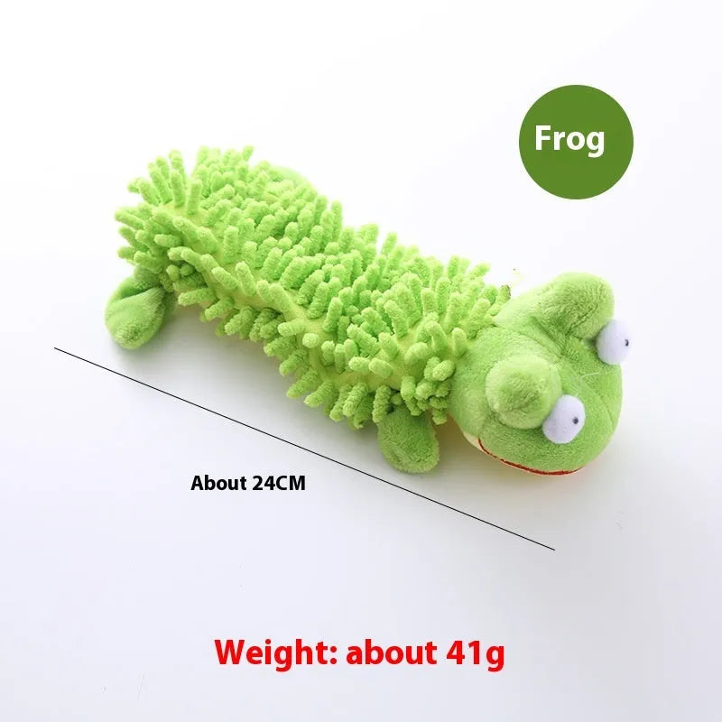 Plush microfiber molar-shaped dog chew toy in assorted animal designs including dog, duck, pig, and frog.