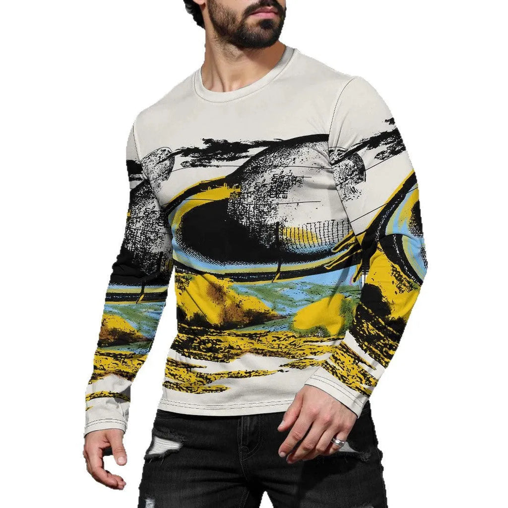 Man wearing a simple long sleeve round neck pullover top in milk silk fabric, available in multiple colours.