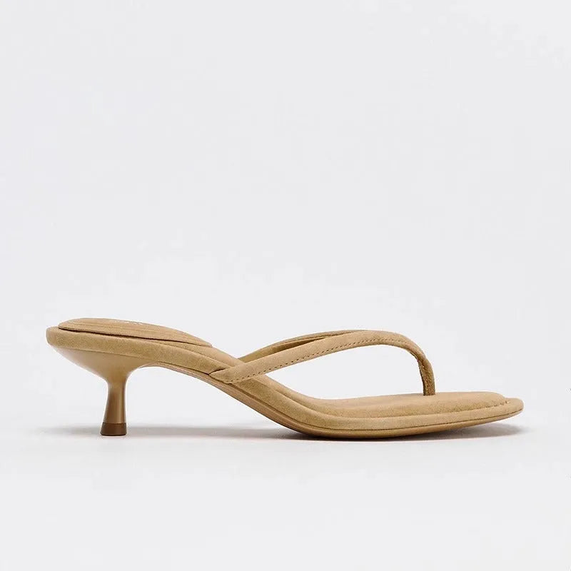 Khaki women's mid-heel sandals with a round toe and flip-toe design on a rubber sole.