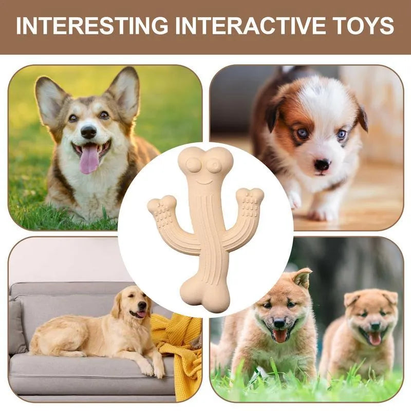 Beige, blue, and purple cactus-shaped dog chew toy made from bamboo fibre and rubber on a white background.