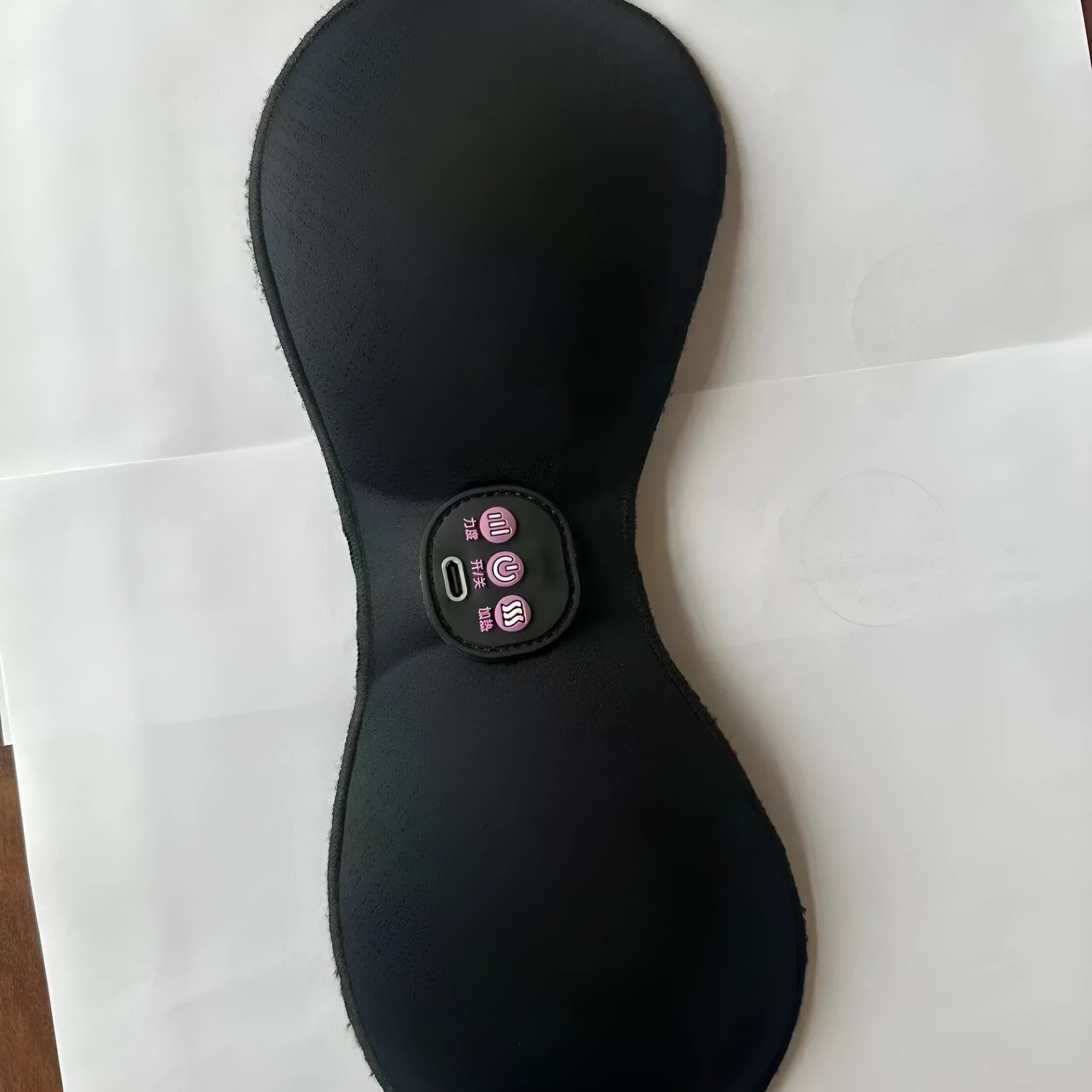 Black electric massage bra inner cushion with three-key control panel and chest stickers