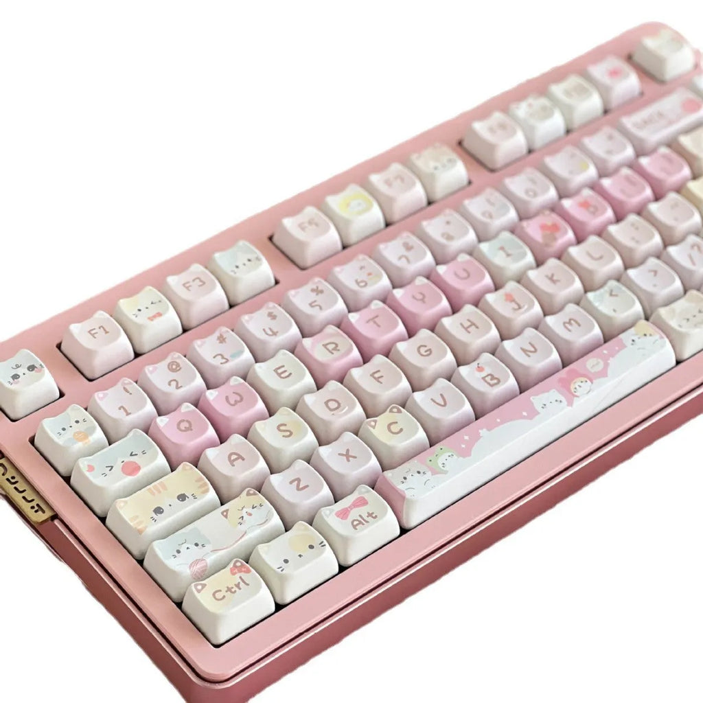 Meow Meow Team mechanical keyboard keycap set showing 141 plastic keys with sublimation printing on all sides