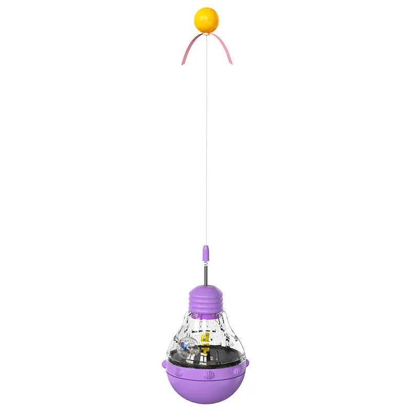 Plastic pet toys including food leakage bear, bulb tumbler cat toy, and educational puzzles in various colours