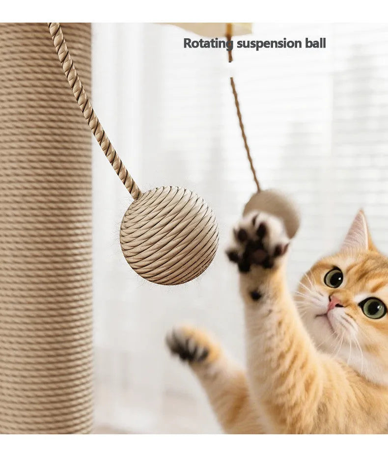 Simple style pine wood cat climbing frame with carpet leather scratching post and dangling windmill ball toy.