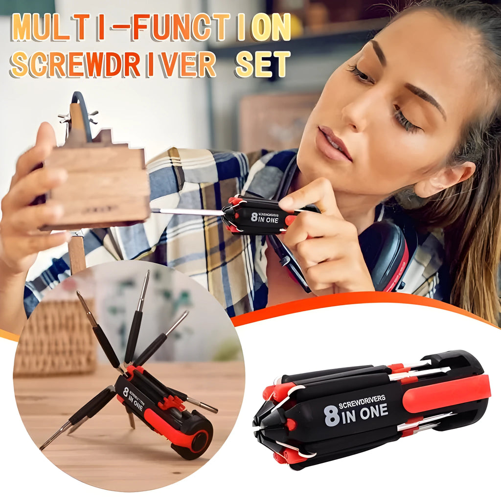 8-in-1 screwdriver with LED flashlight, magnetic bits, and stainless steel body on a workbench