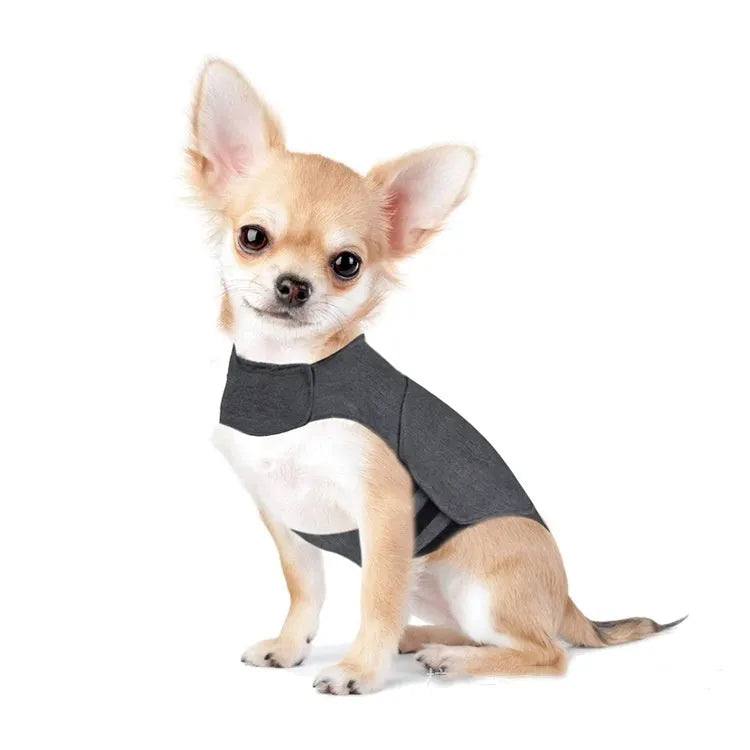 Heather Grey dog anxiety jacket warm vest in brocade cotton fabric on a mannequin.