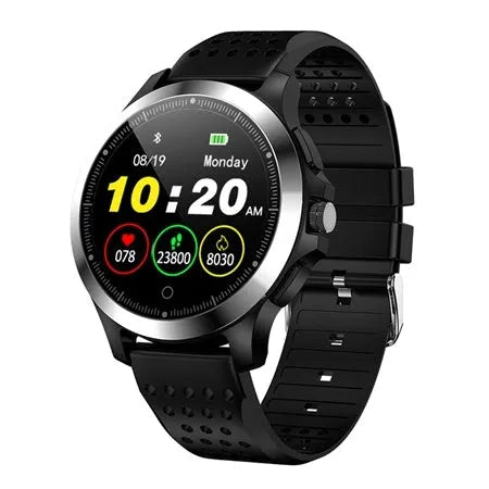 W8 ECG smart bracelet with stainless steel body and round colour screen showing cardiac monitoring data