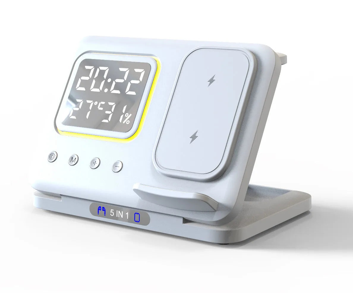 Black 15W wireless charging dock station with digital clock display charging a phone and watch