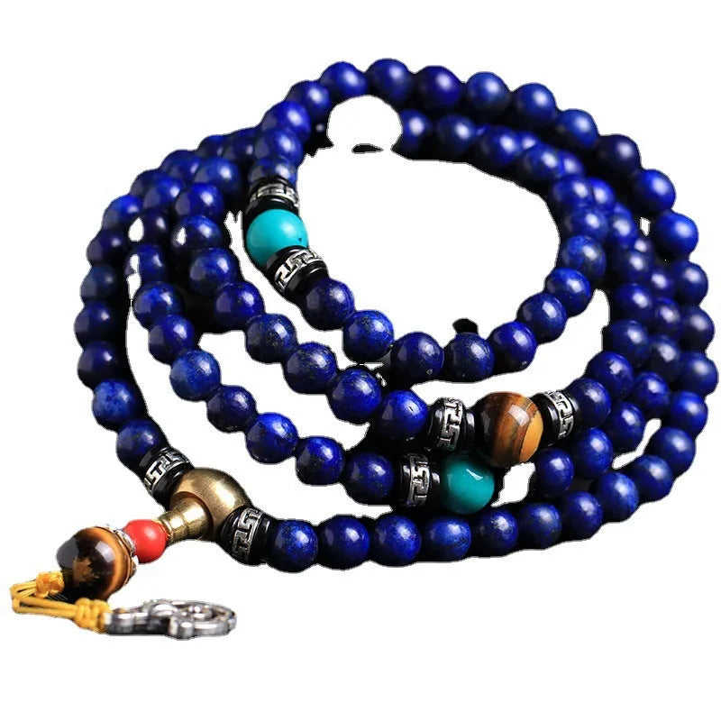 Natural lapis lazuli 108 bead bracelet with zodiac motifs in 6mm or 8mm sizes