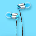 Black, blue, and red in-ear wired headphones with a 3.5mm plug and inline microphone on a TPE cable.