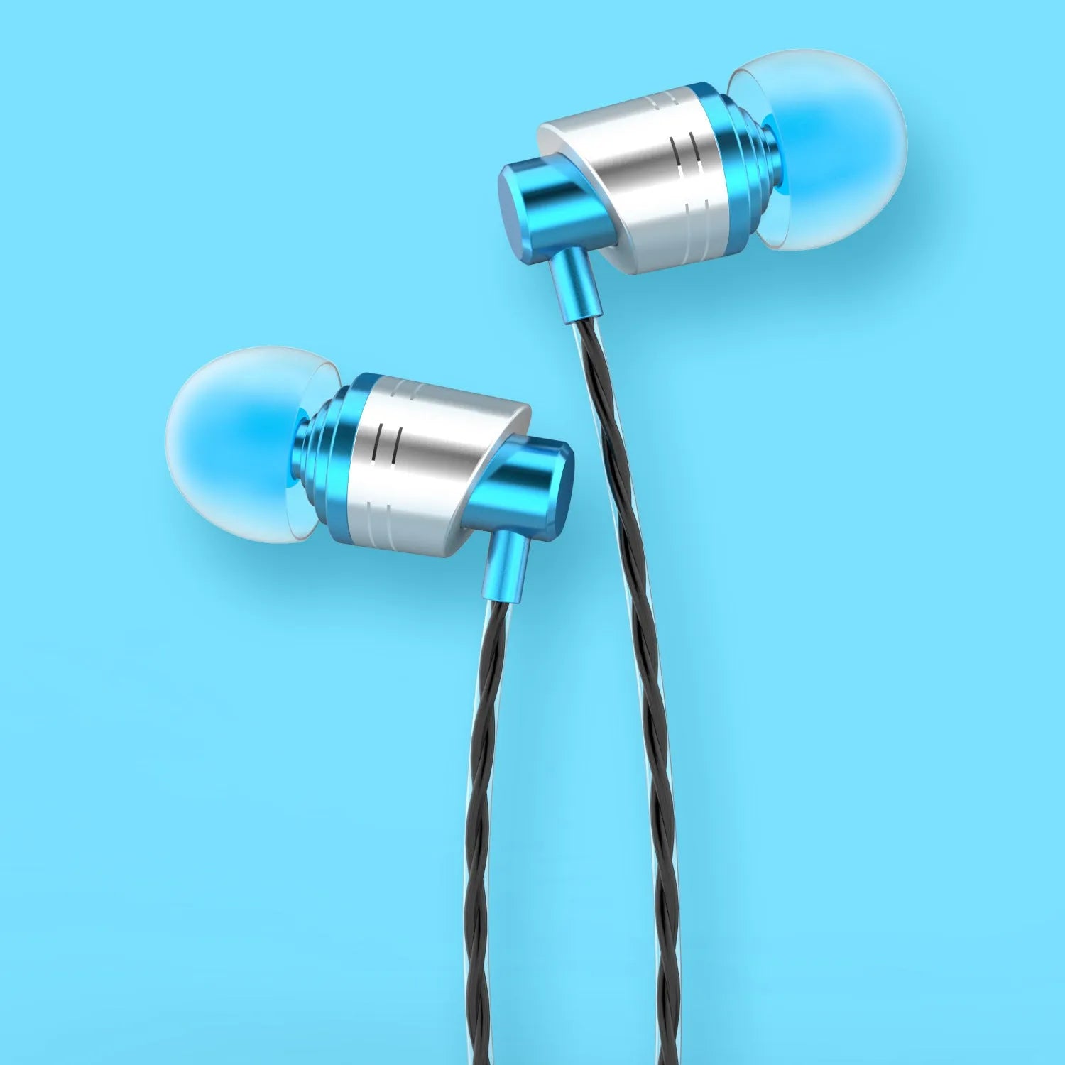 Black, blue, and red in-ear wired headphones with a 3.5mm plug and inline microphone on a TPE cable.