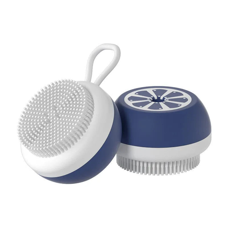 A soft silicone pet bath brush with a massage head design, shown in yellow, for grooming dogs and cats.