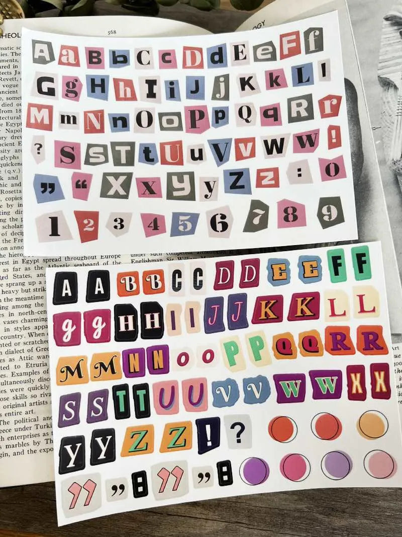 Cute English letters and numbers symbol label sticker set with multiple alphabet collections and weekly words
