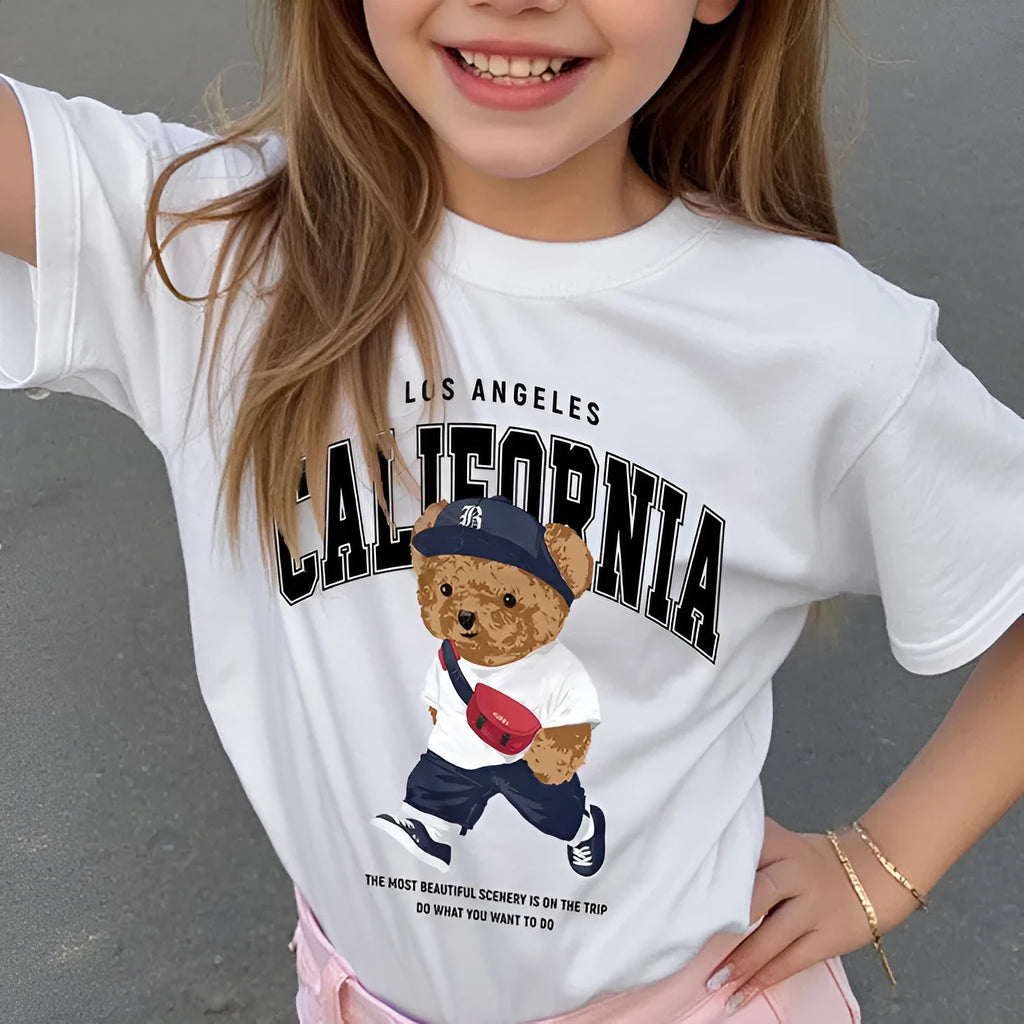 Children's casual short sleeve T-shirt with cartoon bear print in white polyester, suitable for kids 100-160cm height