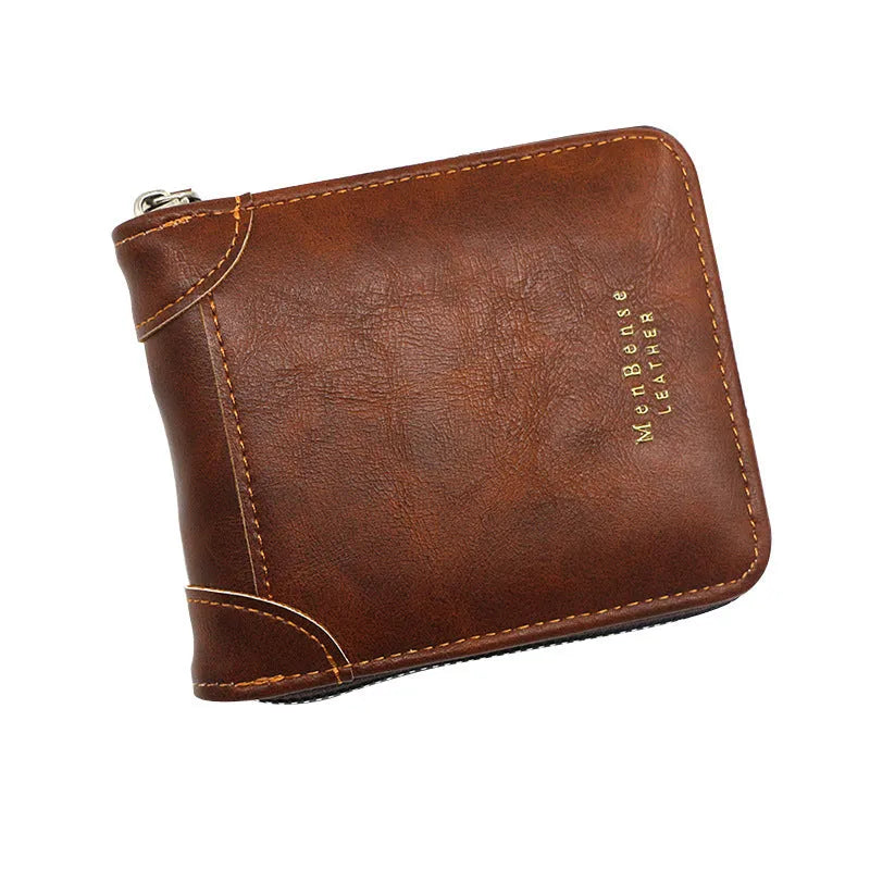 Men's short zipper coin purse in PU leather, available in black, dark brown, and light brown
