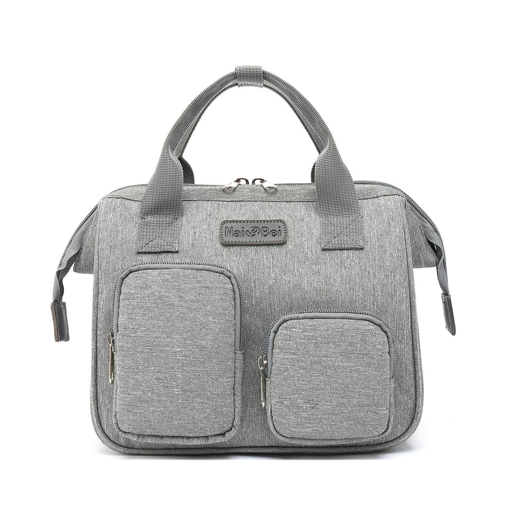 Waterproof Oxford cloth women's handbag in grey colour showing three-dimensional exterior pocket
