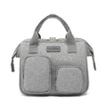 Waterproof Oxford cloth women's handbag in grey colour showing three-dimensional exterior pocket