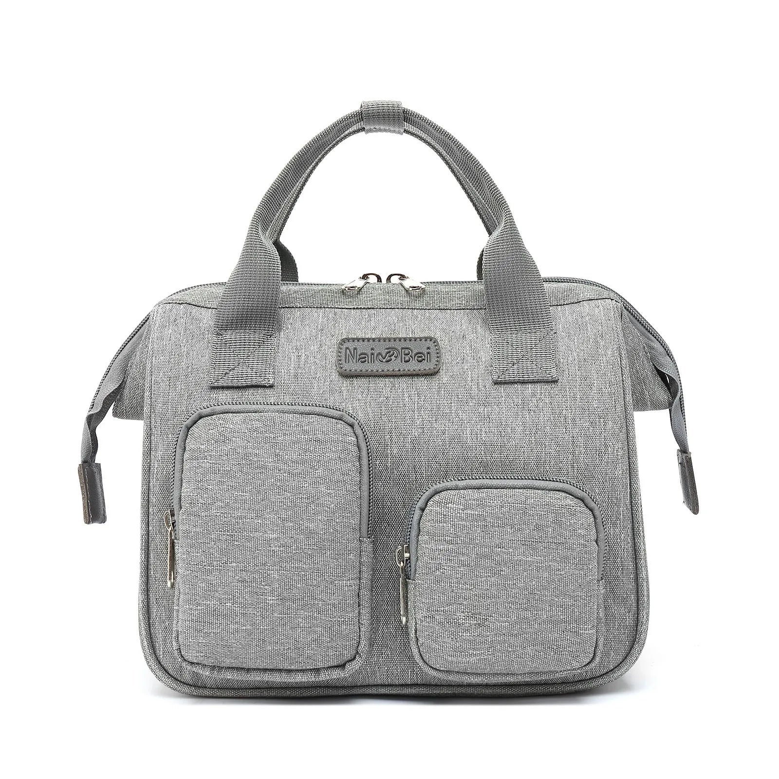 Waterproof Oxford cloth women's handbag in grey colour showing three-dimensional exterior pocket