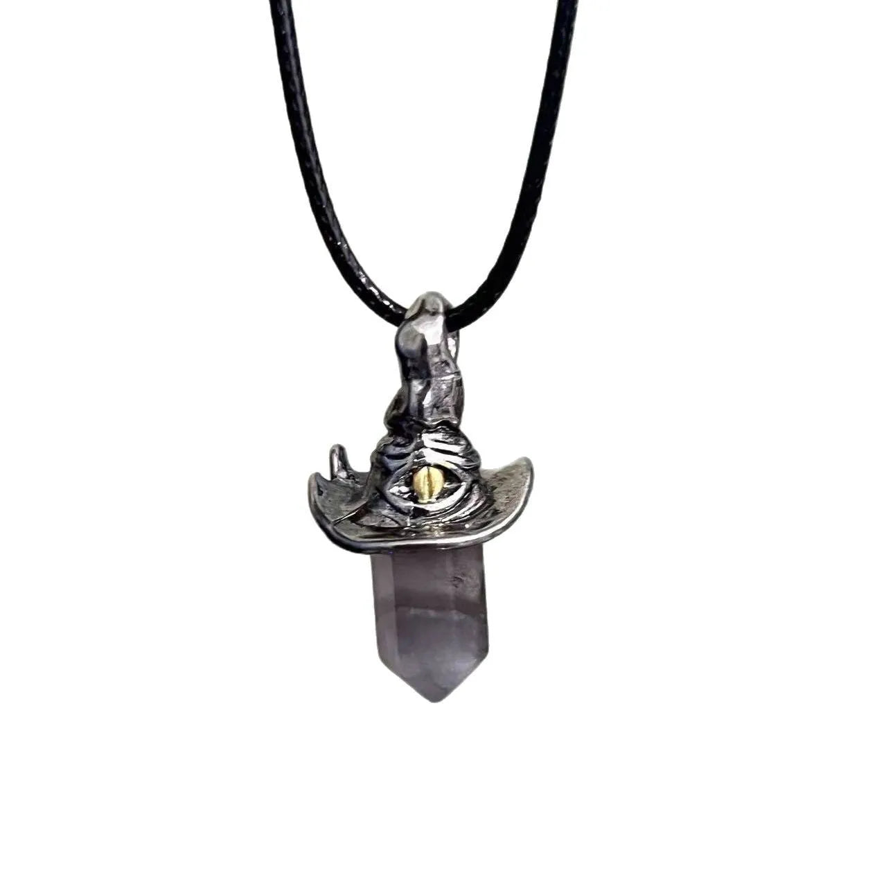 Retro natural amethyst hexagonal witch hat pendant necklace on cowhide rope, crystal centrepiece