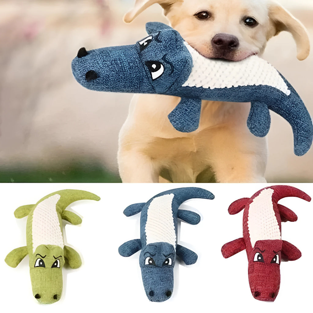 Corn cob plush pet toy in blue, green and red colours with biting sound mechanism