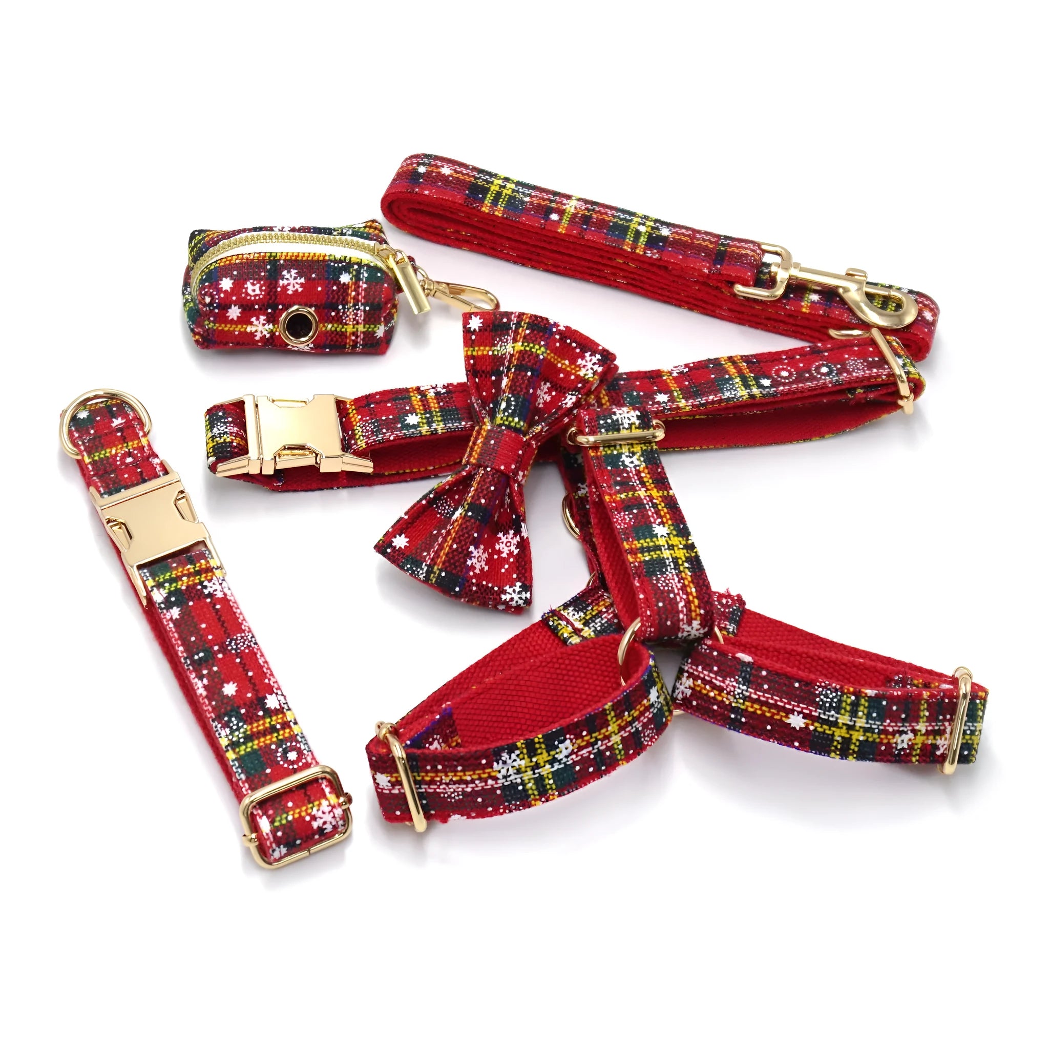 Red Christmas pet collar, leash, harness, bow, and waste bag set with laser-cut fabric design.