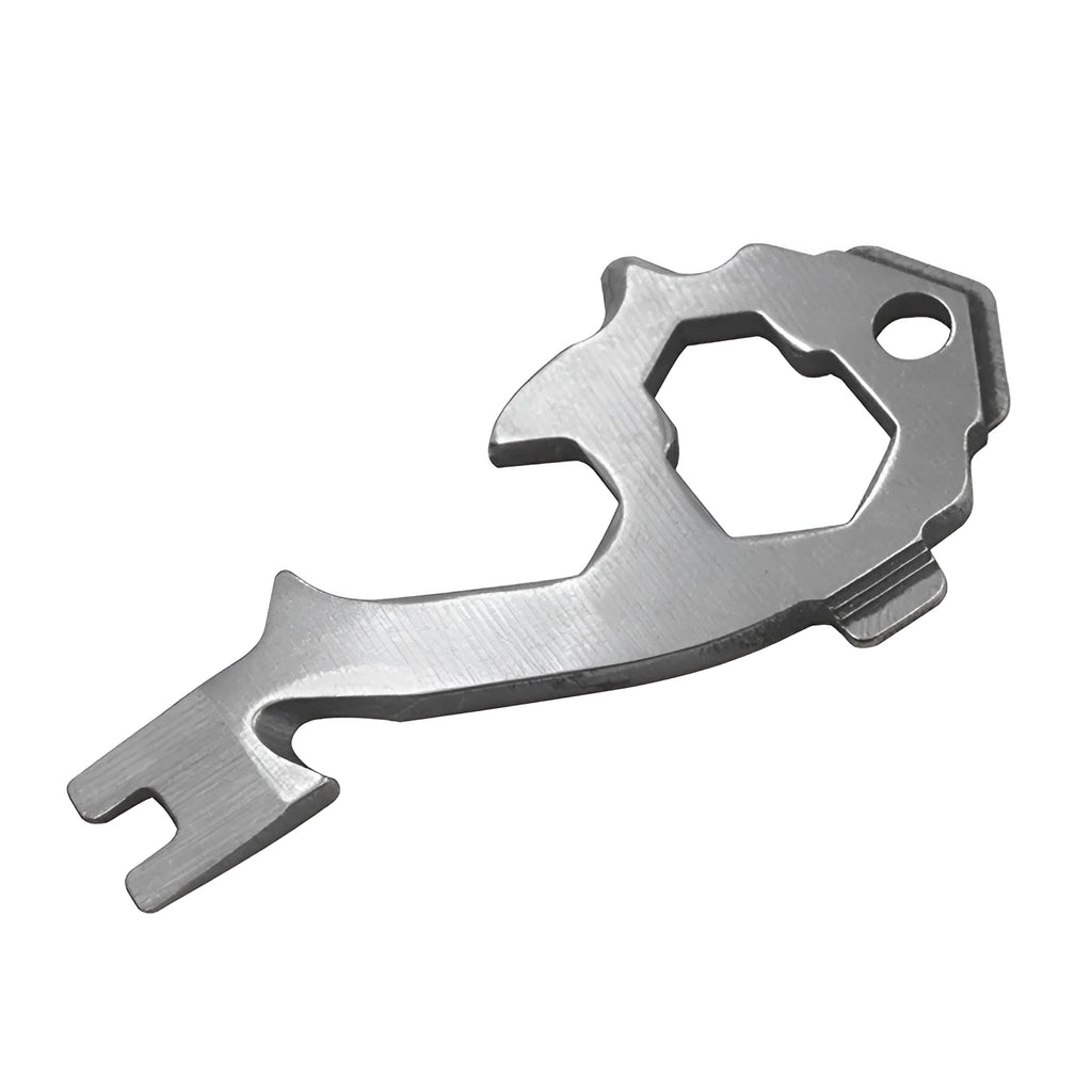 Silver 20-in-1 stainless steel multi tool keyring with screwdrivers, wrench, and bottle opener