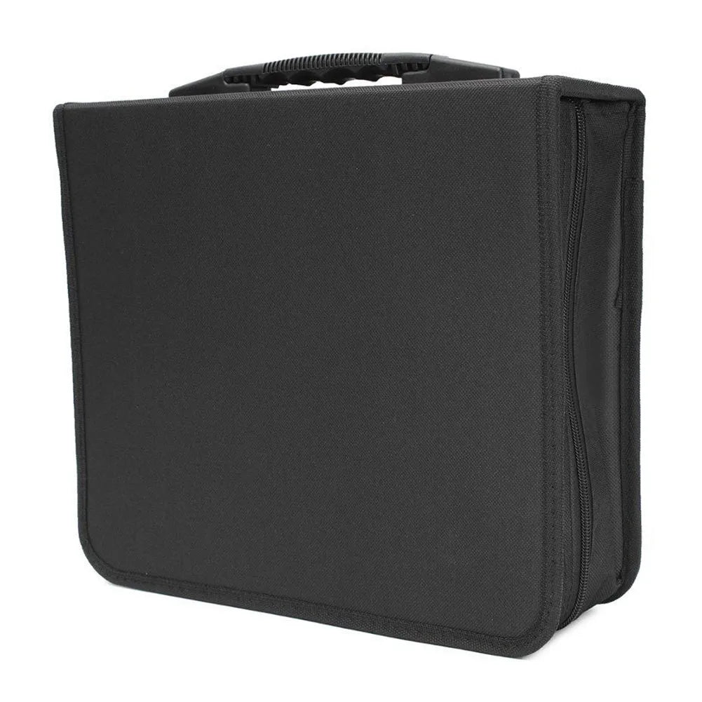 Black Oxford cloth CD DVD storage binder organiser with zip and hand strap.